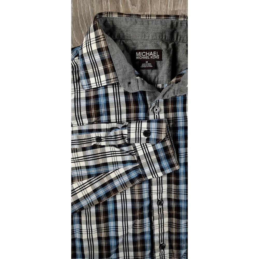 Michael Kors M Mens Casual Plaid Long Sleeve Shirt Blue Black Button‎ Up Collar